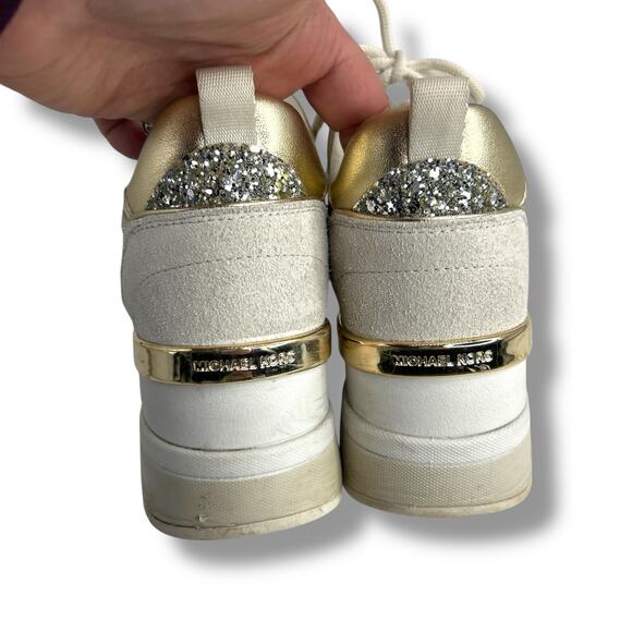 Michael Kors Lolly Trainer Wedge Sneakers 7.5 Metallic Silver gold Glitter EUC - Picture 3 of 16